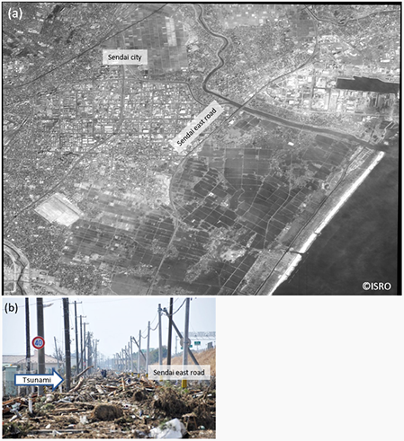 Cartosat-2 image observed on March 14, 2011, over Sendai area. Sendai east road worked as a dike, as shown in photo (b). Optical image (a) is provided by ISRO in the framework of Sentinel Asia. Source: SA Step-2 website. Photos (b) is provided courtesy of ADRC.